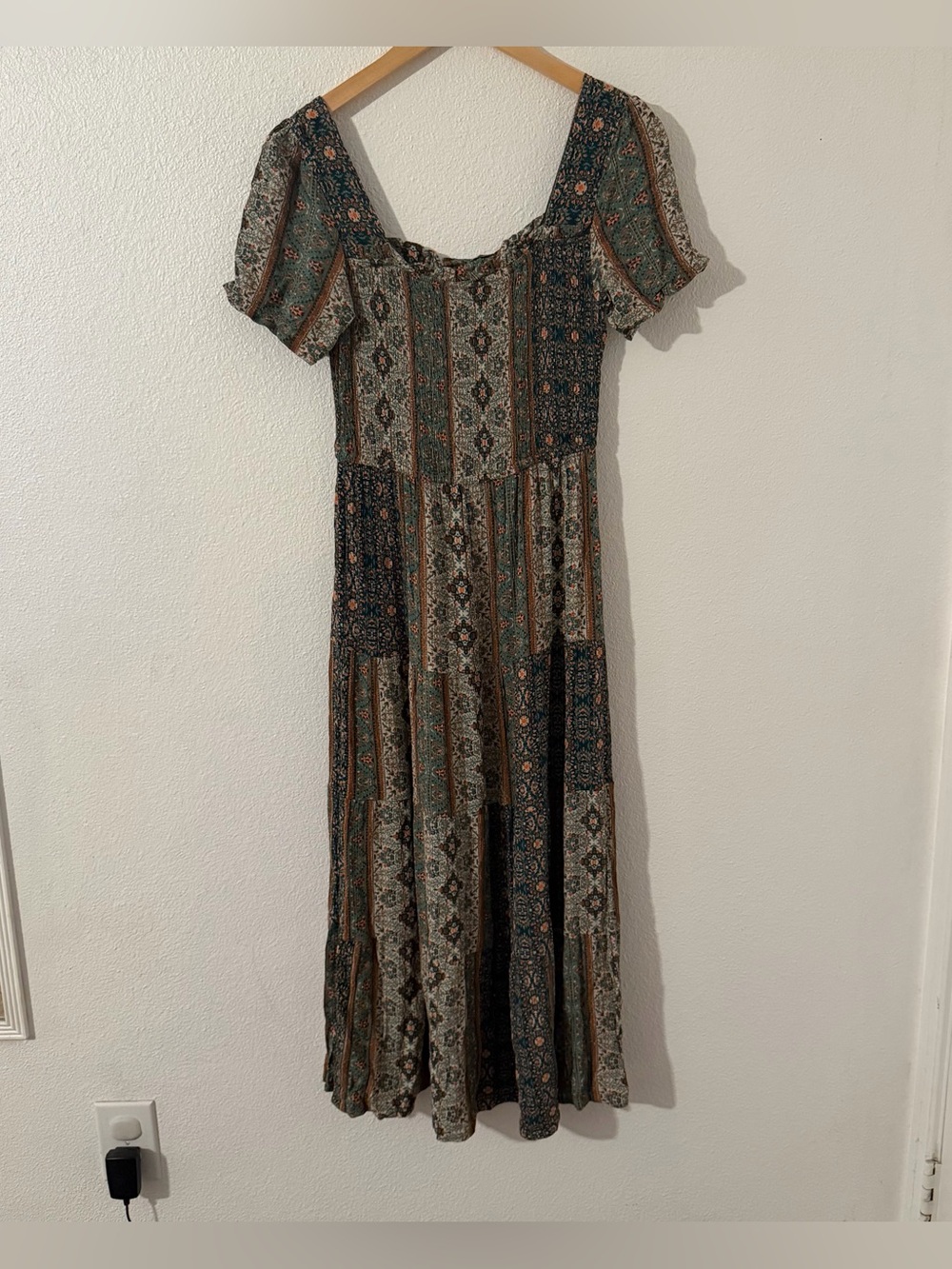 Apricot Floral Patchwork Maxi Dress Smocked Bodice Square Neckline Boho Size 6